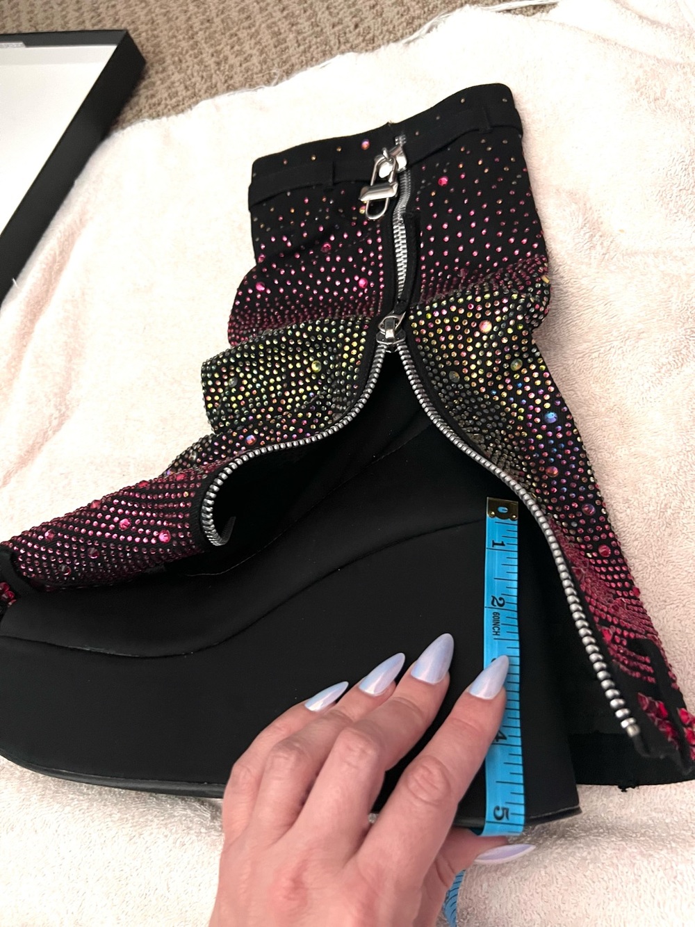 Rainbow Rave Boots Black Denim w/ Zipper. 5” Platform Wedge Ombre Rhinestones - Picture 17 of 17